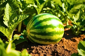 A fresh, vibrant watermelon growing in fertile soil under natural sunlight.	