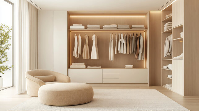 Modern minimalist wardrobe with organized clothing and soft seating