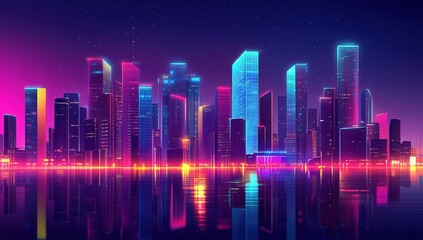 Neon Cityscape: Futuristic Metropolis Glows Vibrantly at Night, Reflecting in Calm Waters