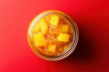Glass jar filled with sweet yellow fruit spread on red surface