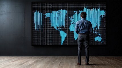 Businessperson analyzing global data trends with technology modern office digital display professional environment
