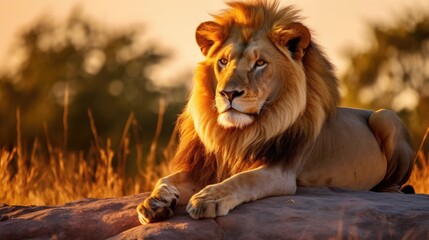 Obraz premium Majestic lion basking in golden sunlight