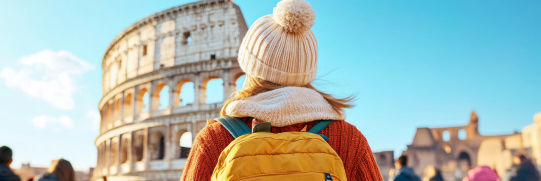 Exploring Colosseum in Rome, traveler admires ancient architecture while wearing cozy hat and bright backpack. scene captures joy of discovery