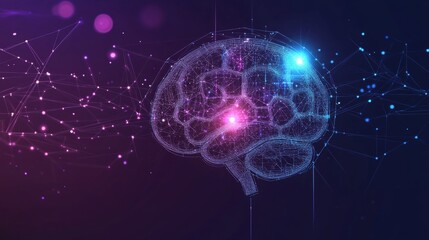 A futuristic AI technology vector illustration featuring a glowing neural network with interconnected nodes and a stylized human brain, digital cyber lines in blue and purple.