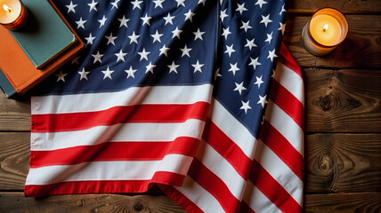 American flag draped over rustic table with candle, patriotic atmosphere