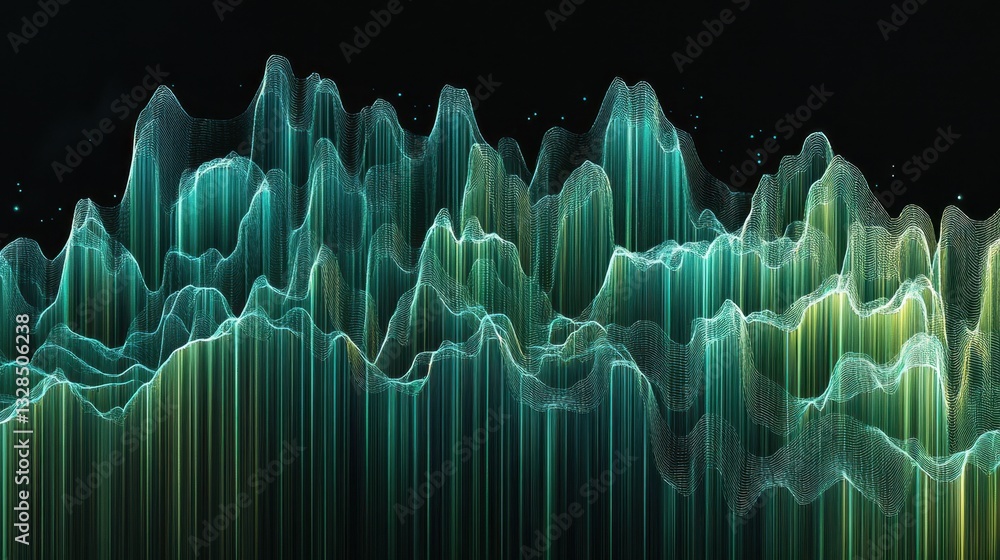 Aufkleber digital audio wave visualizer teal and yellow sound frequency spectrum on black background.
