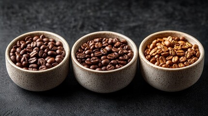 Fototapeta premium Three bowls of coffee beans, various roasts