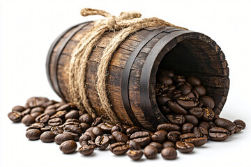 Quality coffee beans cascading from a wooden barrel capturing the essence of freshness in a realistic photography style
