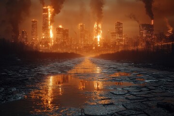 Burning city skyline at dusk with dark clouds and smoke rising from skyscrapers