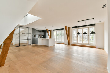 A spacious, bright interior showcasing modern minimalist design with wooden accents, large windows, and open layouts, perfect for contemporary living.