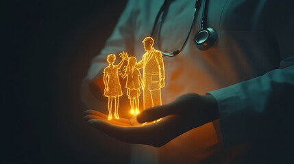 A doctor holding a glowing holographic family that represents medical protection and healthcare

