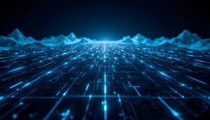 An abstract landscape depicted on a dark navy blue grid, creating a hi tech network in cyberspace with a 3D illustration, showcasing a futuristic and digital theme.
