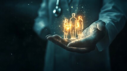 Doctor Holding Glowing Holographic Family Symbolizing Healthcare and Medical Protection

