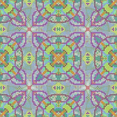 Obraz premium Seamless multicolored pixel geometric pattern, connected in an antique floral pattern on a gray background.