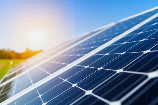 Close-up view of solar panel texture under bright sunlight, renewable energy