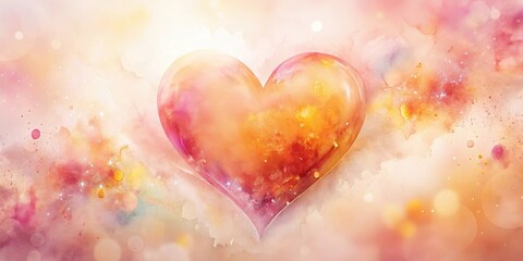 A luminous heart, painted in warm hues, glows softly against a dreamy watercolor backdrop of pastel colors and sparkling dust.
