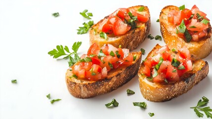 Sliced bruschetta on white background