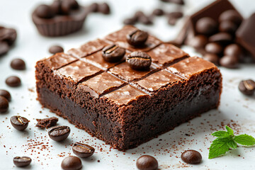 Rich chocolate brownie with chocolate chips isolated on a white background for stunning realistic photography