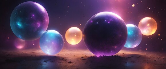 Cosmic Spheres: Seven luminous orbs float in a galaxy, each emanating vibrant colors and subtle energy, captured in a stunning display of cosmic artistry.