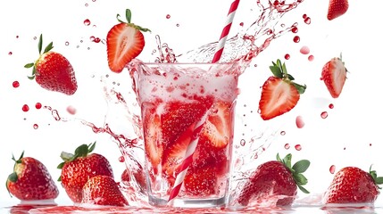 Strawberry milk in a glass tumbler with striped