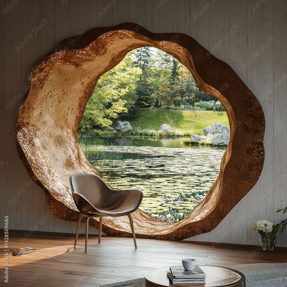 Aufkleber window mockup in the shape of a lotus root slice with a pond view for design preview.