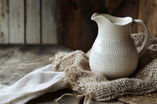 aesthetic jug of milk on burlap fabric, on rustic wooden table 