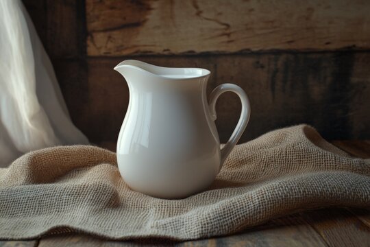 white jug of milk with burlap fabric on rustic wooden table  - Powered by Adobe