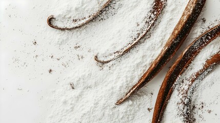 Vanilla pod with powder on white background