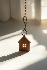 Wooden house keychain pendant with window detail casting shadows on a light surface during golden hour in soft natural light