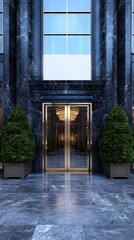 Obraz premium A grand entrance with marble facade and reflective doors
