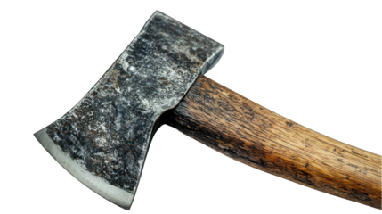 Close-up of a rustic axe with a textured blade