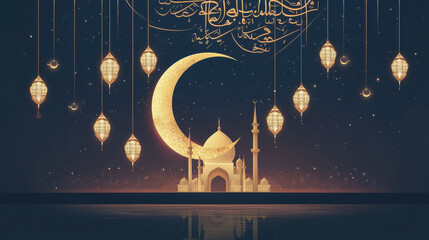Ramadan Celebration: Magical Crescent Moon Over a Rippling Lake on a Ramadan Night