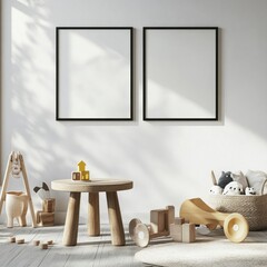 Minimalist nursery room with wooden toys and blank frames.