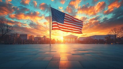 American flag sunrise, Washington DC, patriotic scene