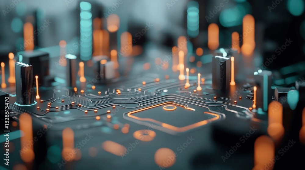 Poster digital connections close up of a circuit board with illuminated pathways and nodes, representing th