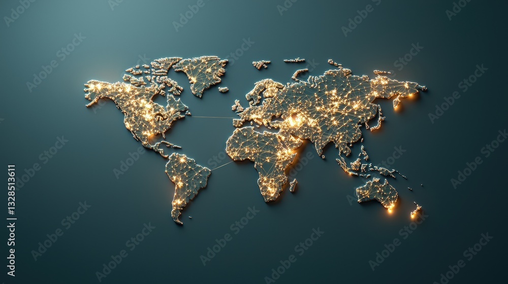 Poster global network futuristic world map with holographic projections of data and network connections, sh