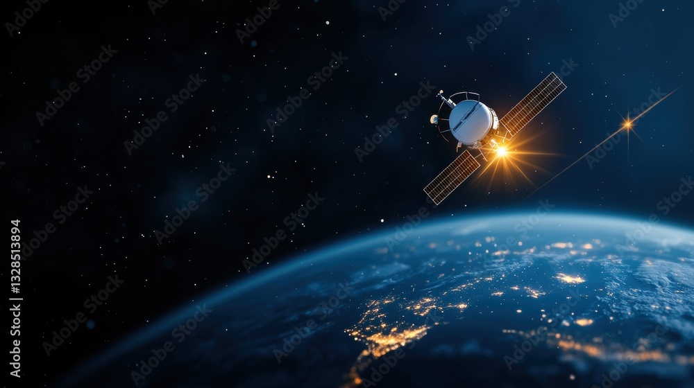 Poster global network satellite orbiting earth with beams of light connecting different regions, visualizin
