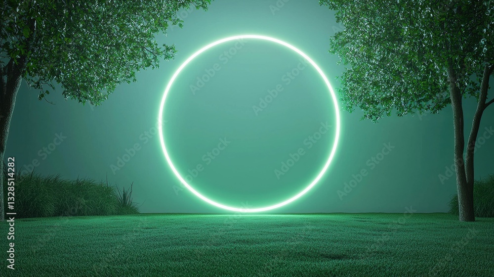 Poster circular door frame that glows with neon lights a neon green circular frame with a pulsating light e