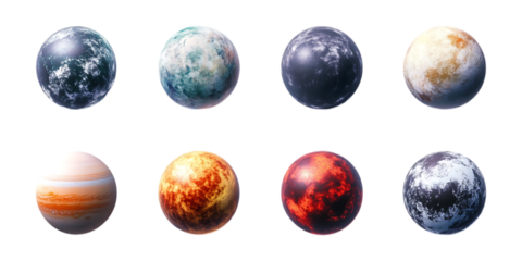 Pack Exoplanet Set in Different Poses Against Transparent Background for Space Exploration, Sci-Fi Concepts, or Astronomical Research