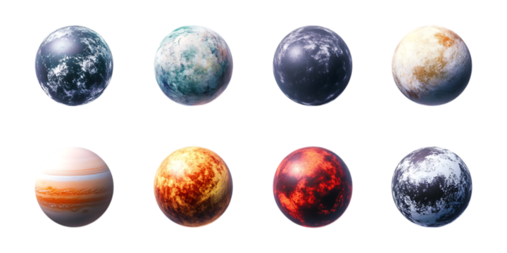 Pack Exoplanet Set in Different Poses Against Transparent Background for Space Exploration, Sci-Fi Concepts, or Astronomical Research