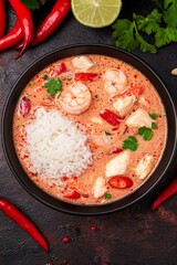 Delicious thai tom yum soup with chicken, shrimp, and rice garnished with red chili and cilantro