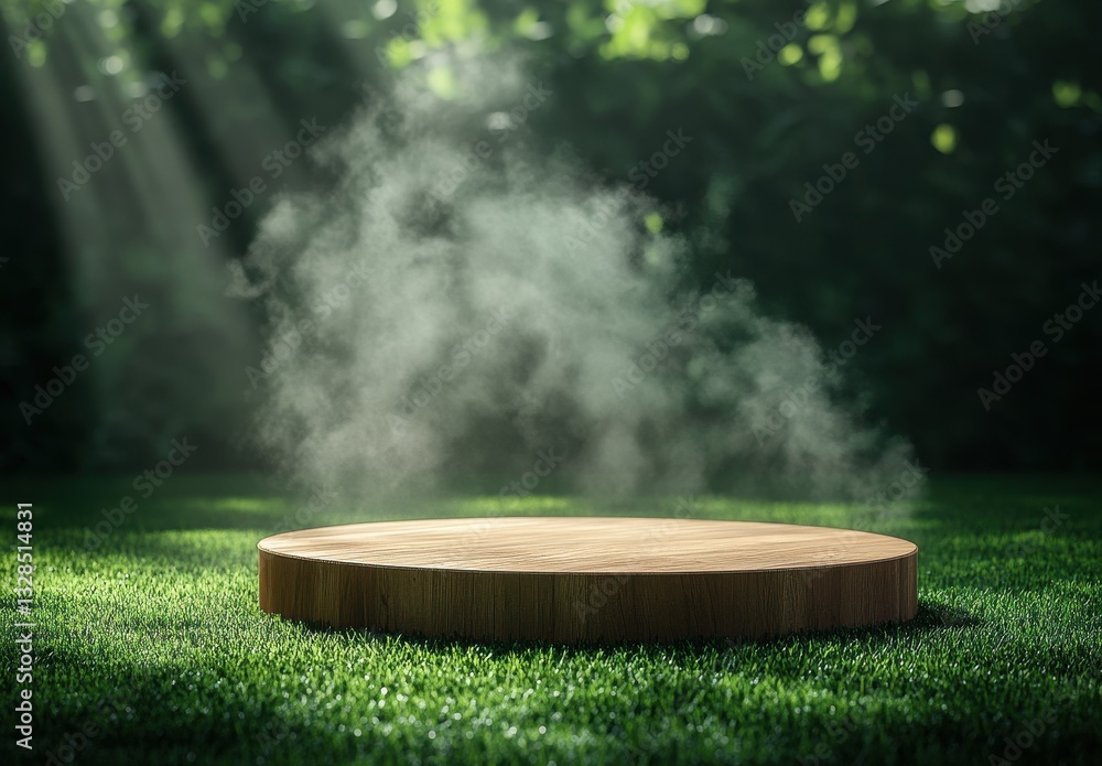 Poster wooden round display stand on lush green grass surrounded by mist and soft sunlight rays creating a 