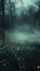 Enigmatic Forest Ambiance: A serene landscape of a foggy forest, featuring a mysterious atmosphere and a sense of depth and scale. Light glimmer through the lush grass with mysterious allure