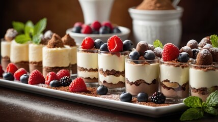 A beautifully arranged dessert buffet with classic Italian sweets like tiramisu, panna cotta, and cannoli, garnished with fresh berries, mint leaves, and cocoa powder. The scene is bright and inviting