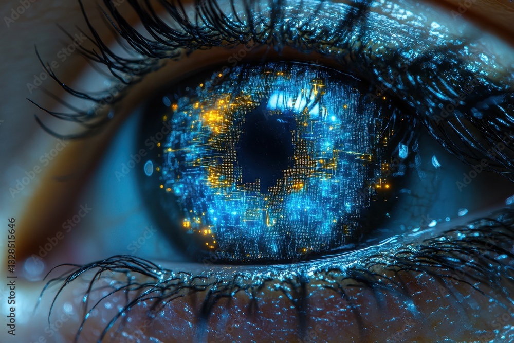 Poster detailed close-up of an eye with digital blue and orange patterns reflecting high-tech visuals in a 