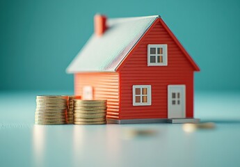 3D Model of a Red House with Stacked Coins on a Soft Blue Background for Property Investment and Financial Growth Concepts