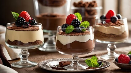 A beautifully arranged dessert buffet with classic Italian sweets like tiramisu, panna cotta, and cannoli, garnished with fresh berries, mint leaves, and cocoa powder. The scene is bright and inviting