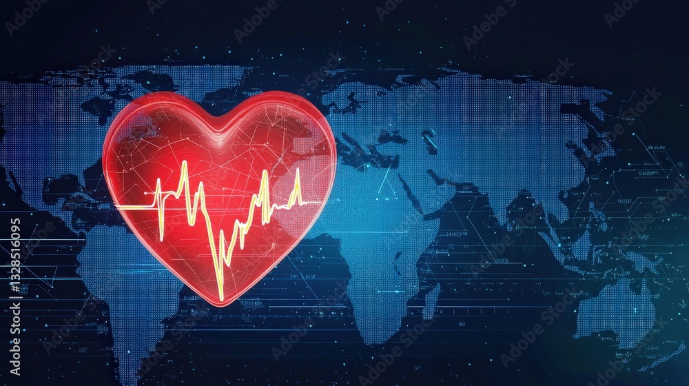 Poster a vibrant heart with an ecg line overlay on a dark global map backdrop.
