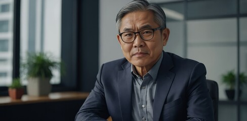 Professional Asian Accountant or Leader in a Reflective, Poised Office Portrait

