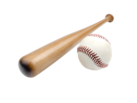 A wooden baseball bat is next to a baseball on display on transparent background, cut out, PNG 3D Digital Art, clip art.